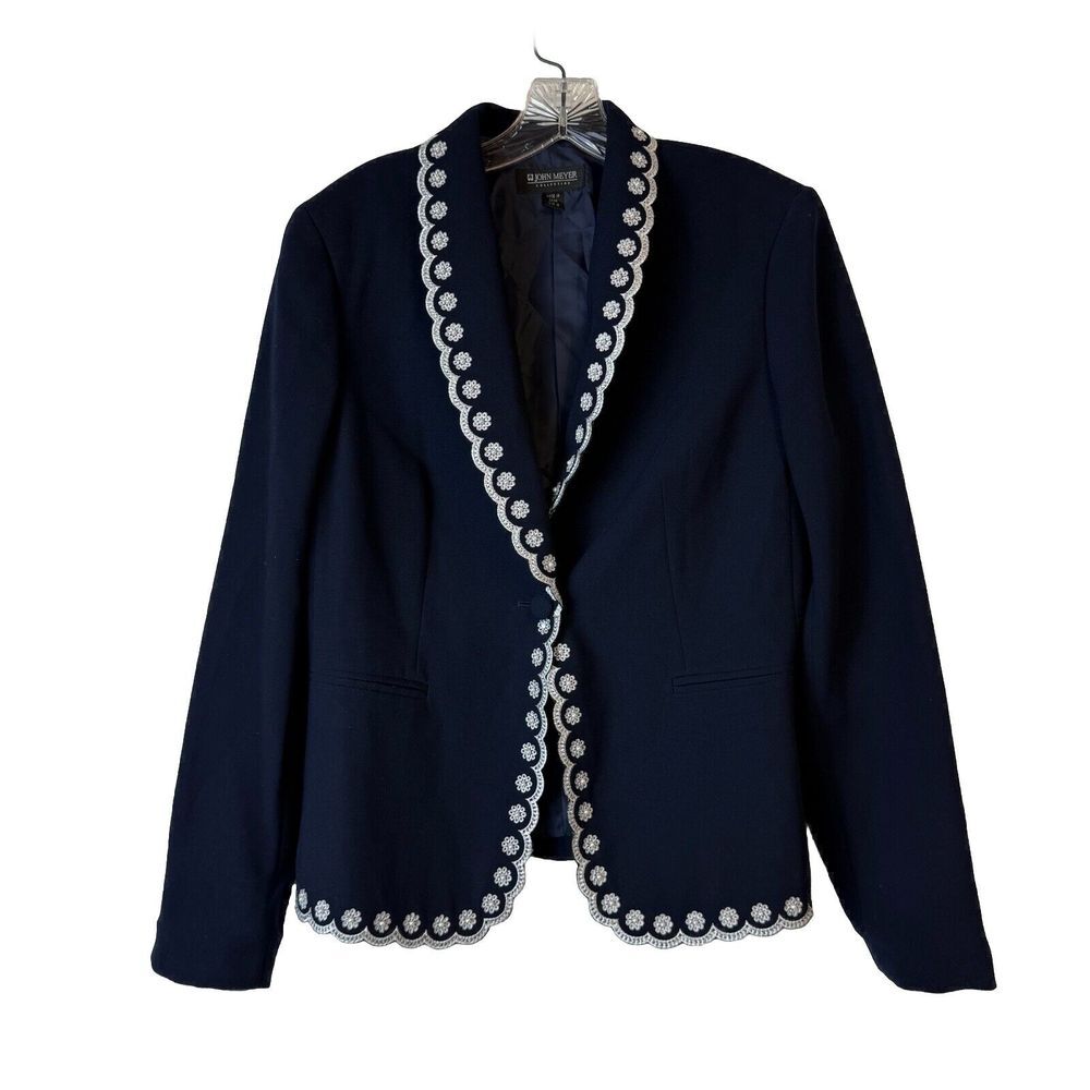 John Meyer Collection Women Navy‎ Suit Jacket Sz 12 Embroidered Pearl Beads